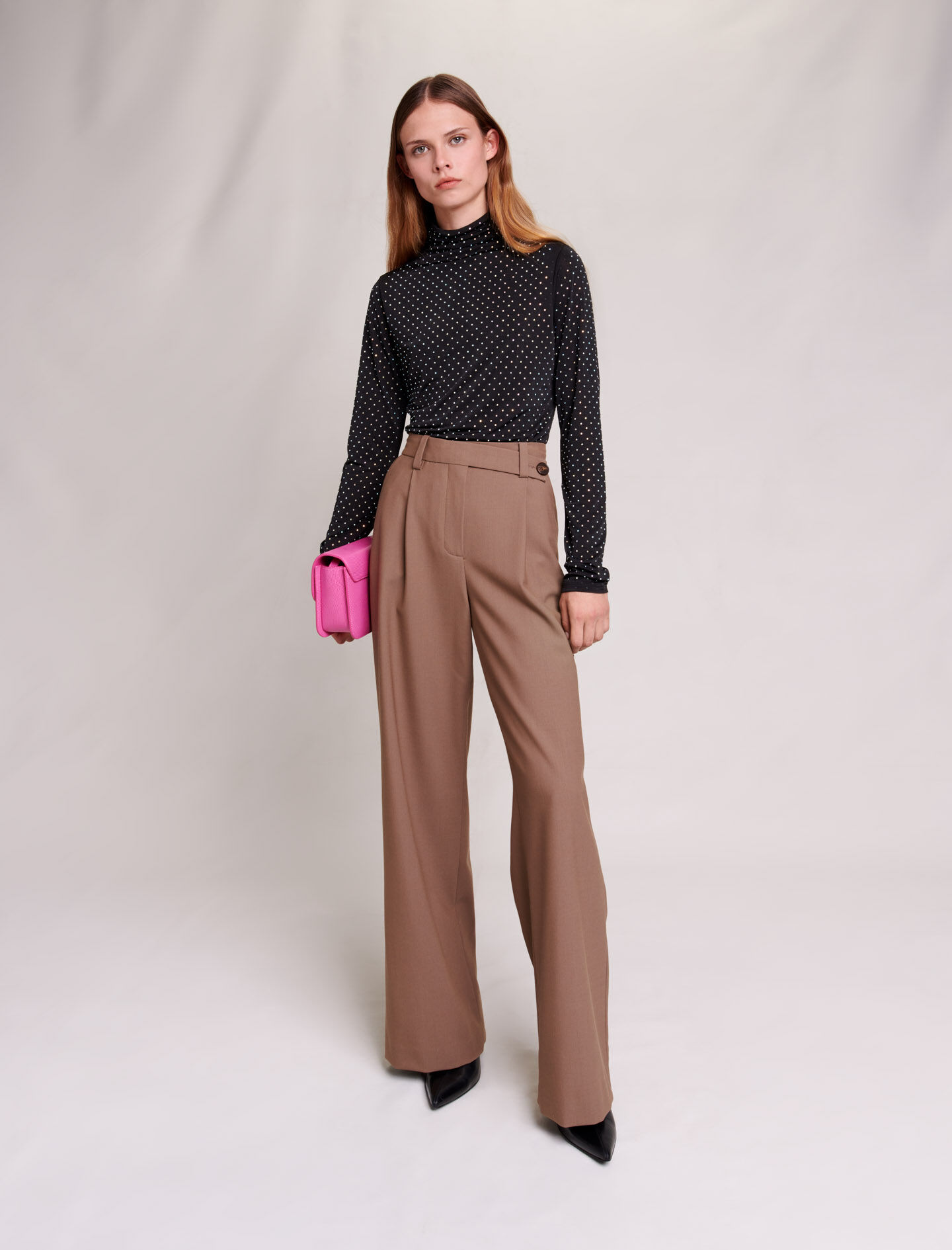 Camelkleurige broek met wijde pijpen