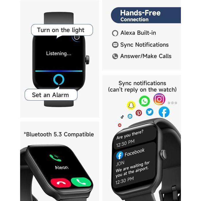 Zwarte smartwatch voor dames met een scherm van 1,95 inch, IP68 waterdicht, belfunctie en uitgebreide activiteitstracker.