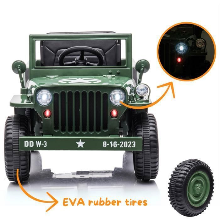 VROOOMY Willys Auto elettrica militare 12V - Verde militare - Età 1-6 anni - Pneumatici in EVA - Bluetooth - Pala inclusa