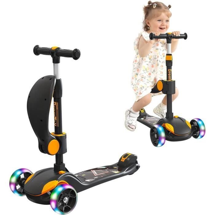Patinete 3 en 1 para niños - BremToy - Amarillo y negro - Manillar regulable en altura - Ruedas LED