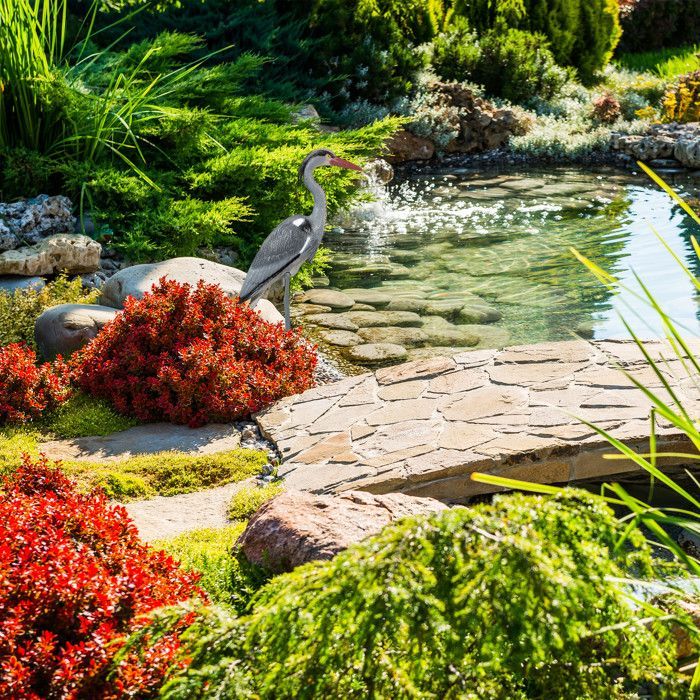 Relaxdays Reiher-Dekofigur, Schutz vor Fischfängern, stehender Vogel, Teich, pflanzbar, PE, Grau