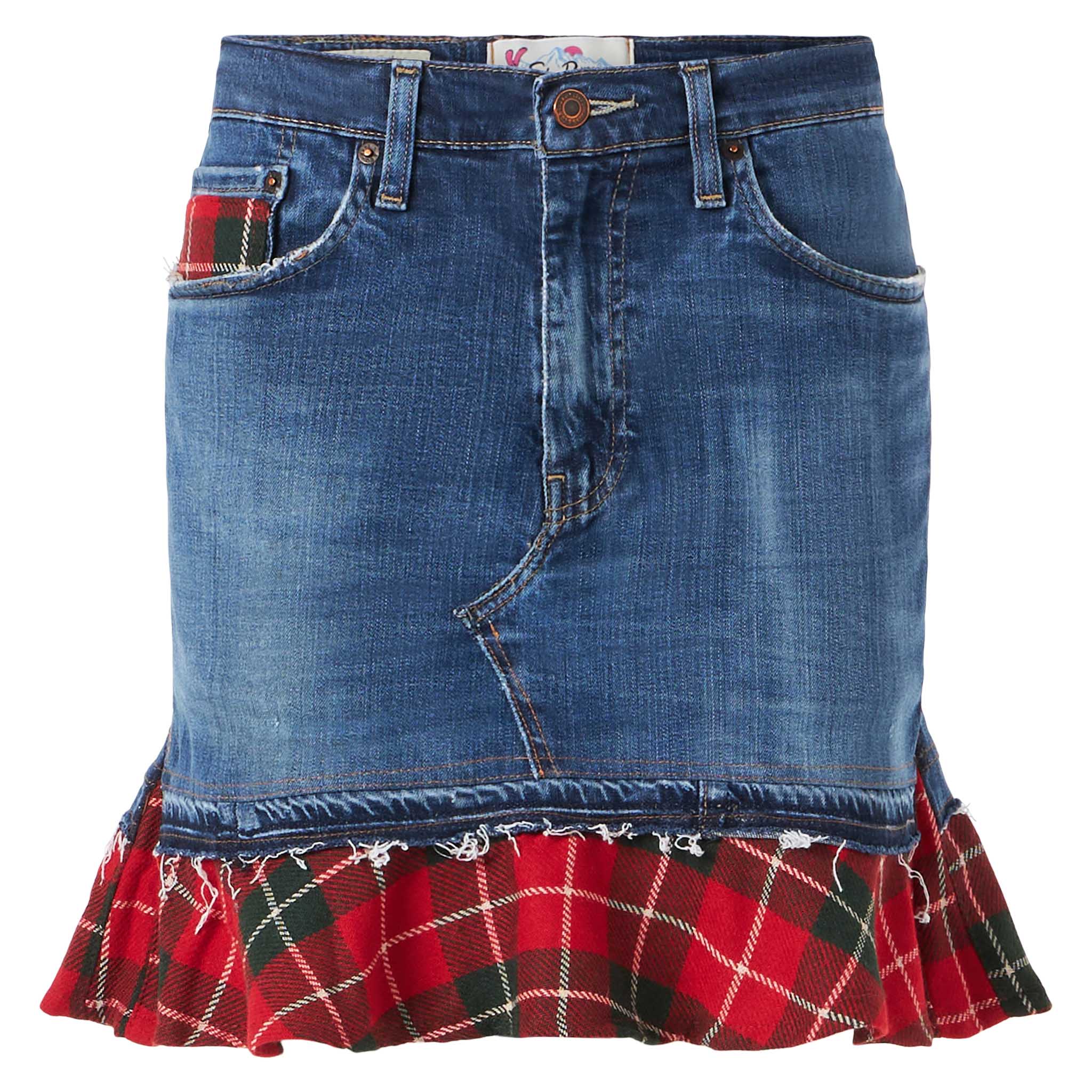Jupe en jean vintage pour femme avec détails à carreaux