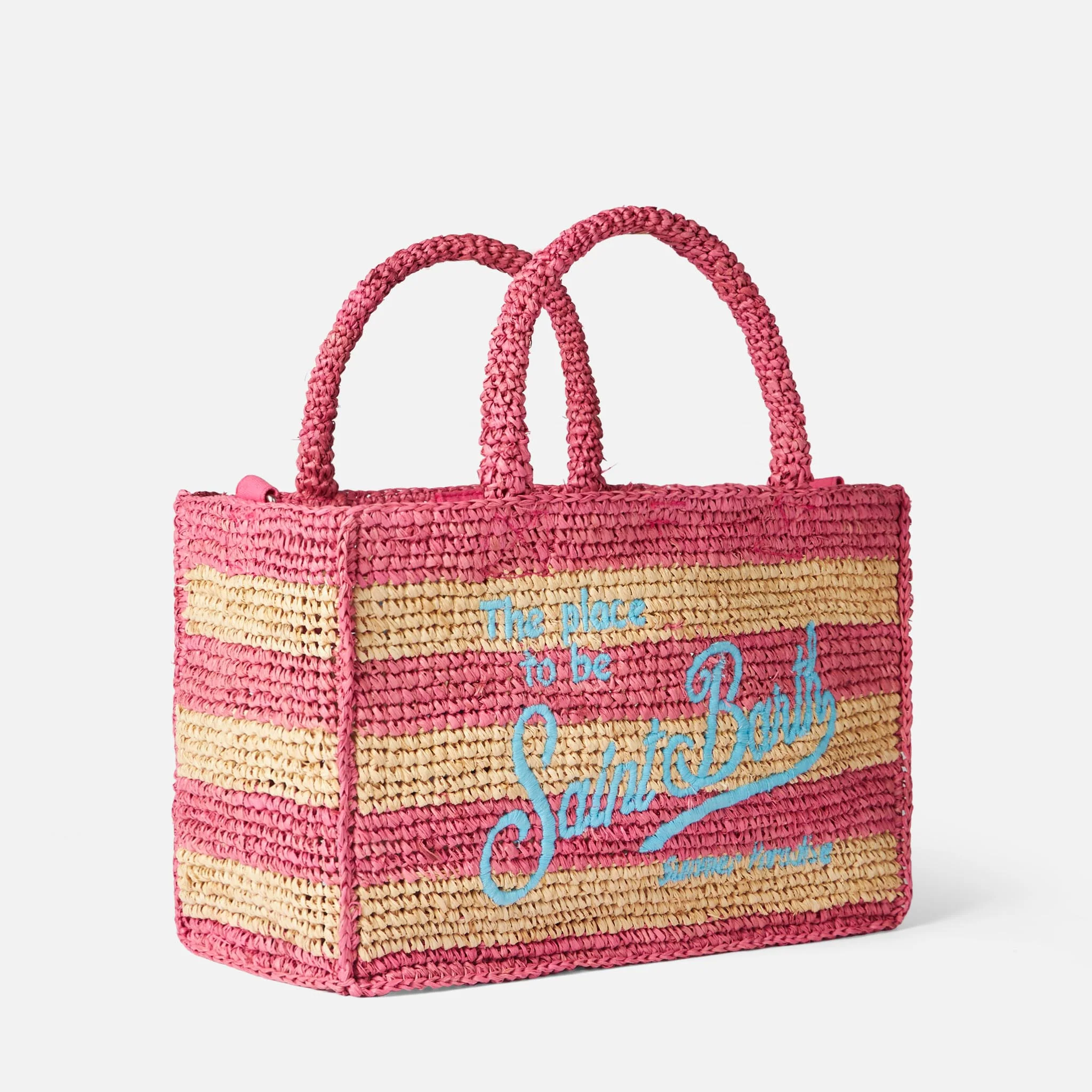 Roze en wit gestreepte raffia Colette tas