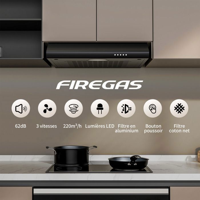 Cappa aspirante con visiera FIREGAS da 60 cm - 3 velocità - Aspirazione e ricircolo - Classe B - Filtro in cotone - Nera