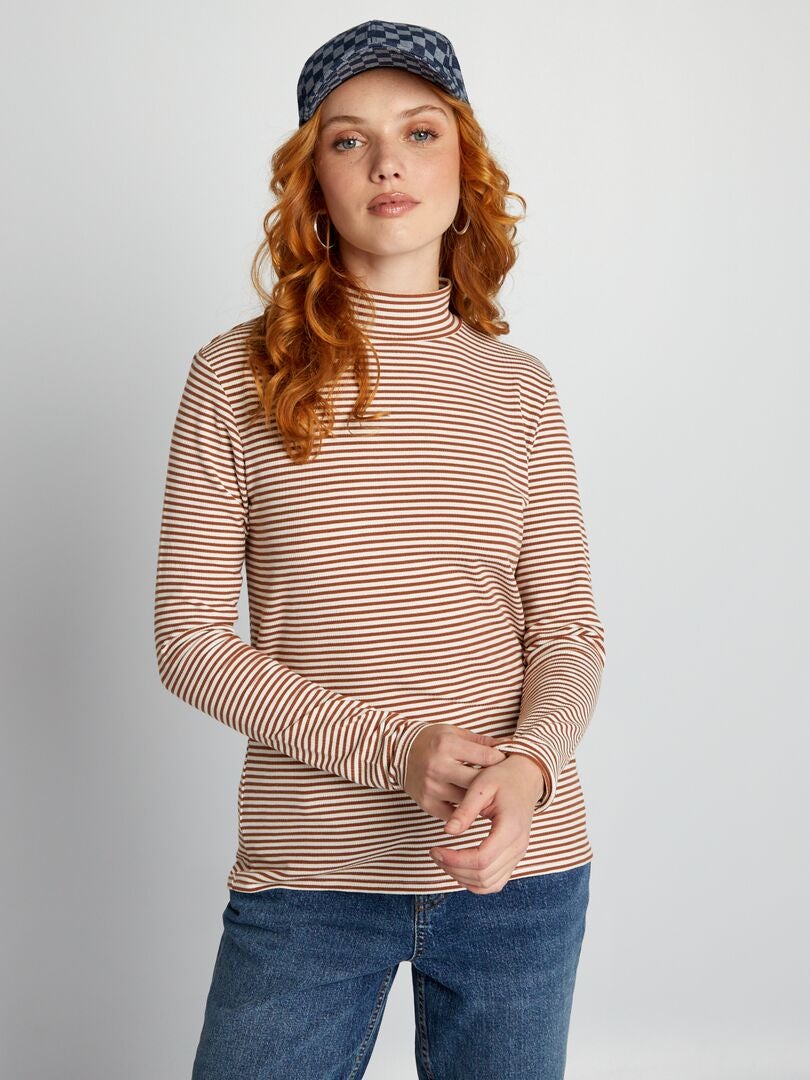 Blusa de gola alta canelada listrada - BRANCA