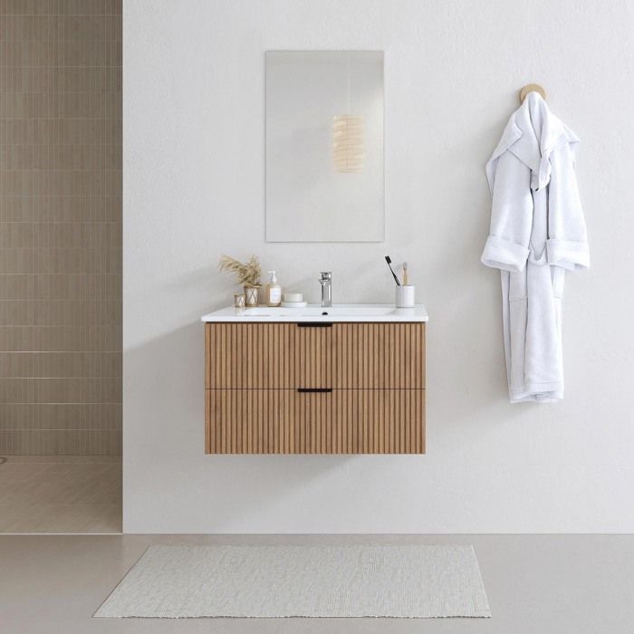 Mueble de baño con lavabo individual de 80 cm, fabricado en madera MDF corrugada.