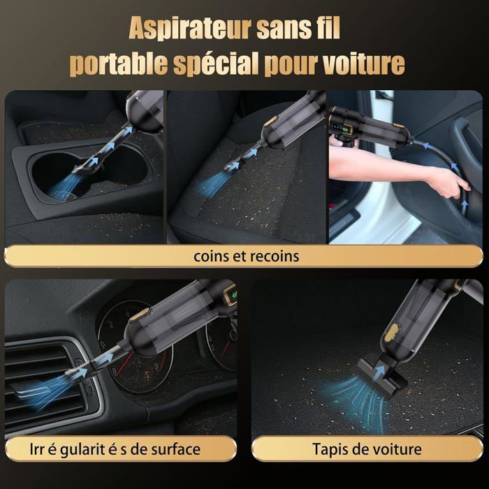 Aspirateur à Main - 22000Pa 4 in 1 - Aspirateur Voiture - 3 Vitesses 85,000U/min - pour Poils d'animaux véhicule Maison, Noir