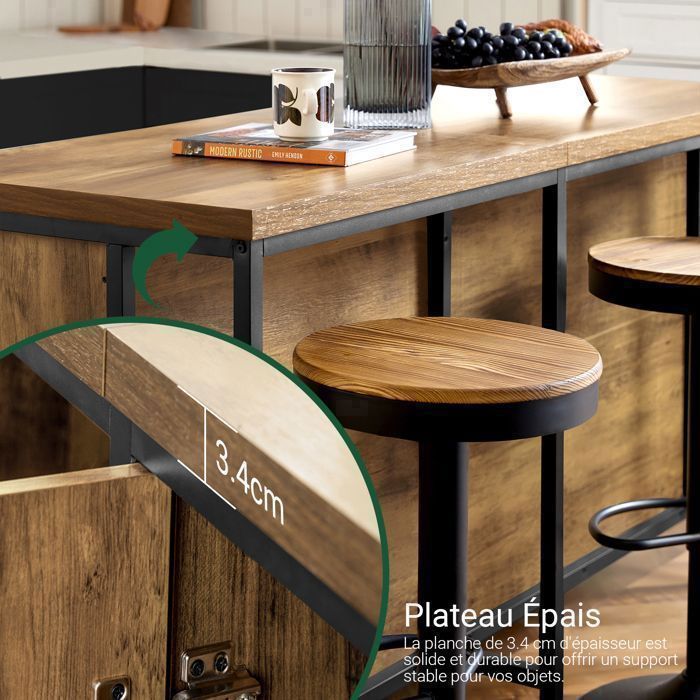 Keukeneiland met 2 deuren, 4 vakken, ruim werkblad, opbergmeubel voor keuken/woonkamer, 170x60x89cm, MDF en staal