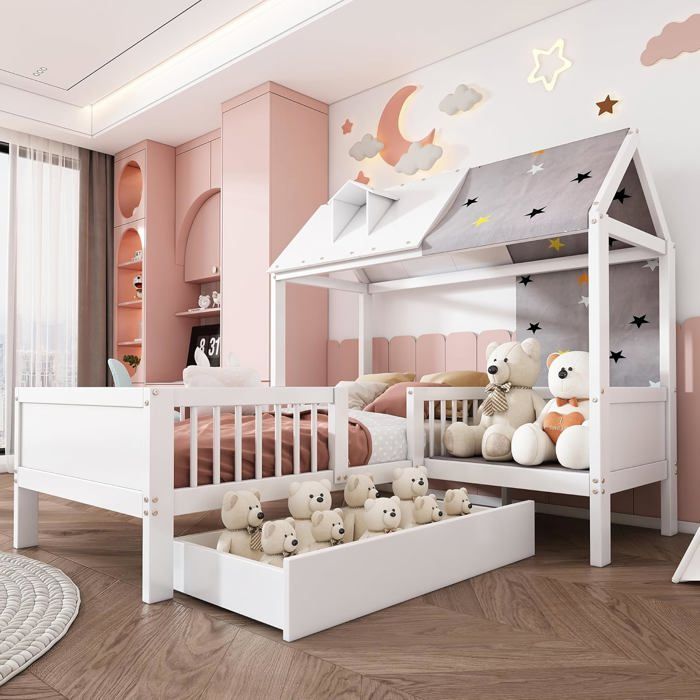 Lit d'enfant 90x200cm - lit simple en bois - multifonctionnel - avec tissu de tente - pour chambre d'enfant - blanc (sans matelas)