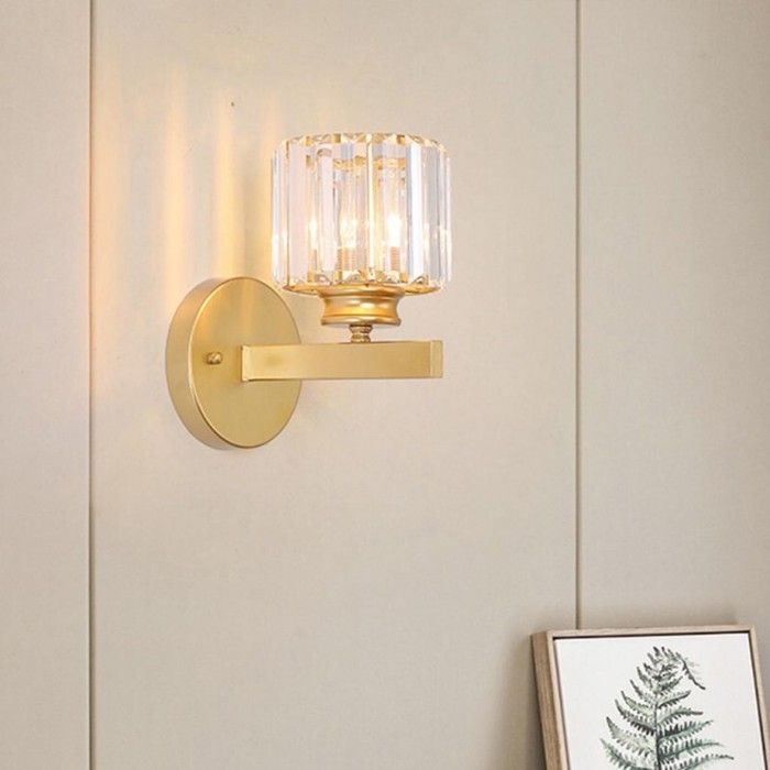 Aplique de pared moderno de cristal WOTTES, redondo de 15 cm, de cristal dorado, con casquillo E27, 1 unidad, para dormitorio, mesita de noche o pasillo.
