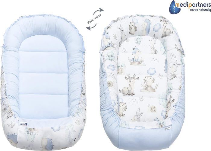 Medi Partners Baby Bed Reducer, 100% Cotton, Newborn Baby Nest with Removable Insert, 100x60x15 cm, Deer and Hedgehog Design, Light Blue