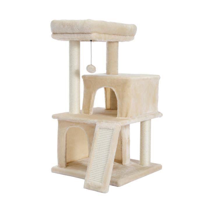 PAWZ Road Arbre à Chat Design 86cm, Coussin Amovible Spatiale, Poteau Griffoir avec Pompon Suspendu Remplaçable Beige