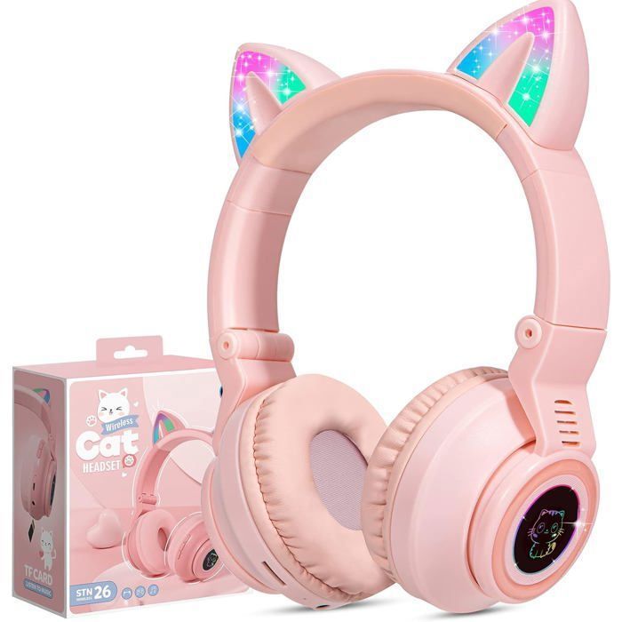 Kids Wireless Bluetooth Headphones: Foldable Cat Ears + LED + Microphone + Card Slot