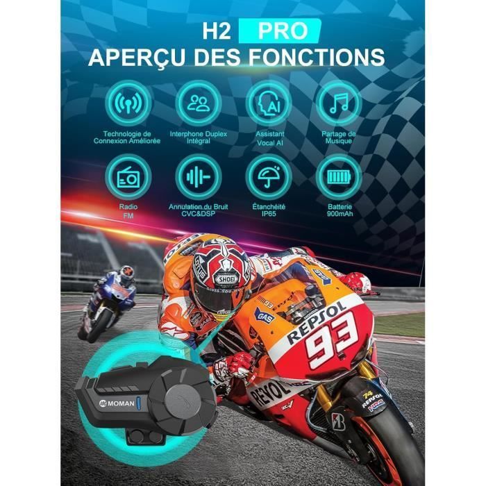 Motorcycle Intercom - Moman - H2 Pro - 2 Units - Bluetooth 5.1 - IP65 Waterproof - FM Radio