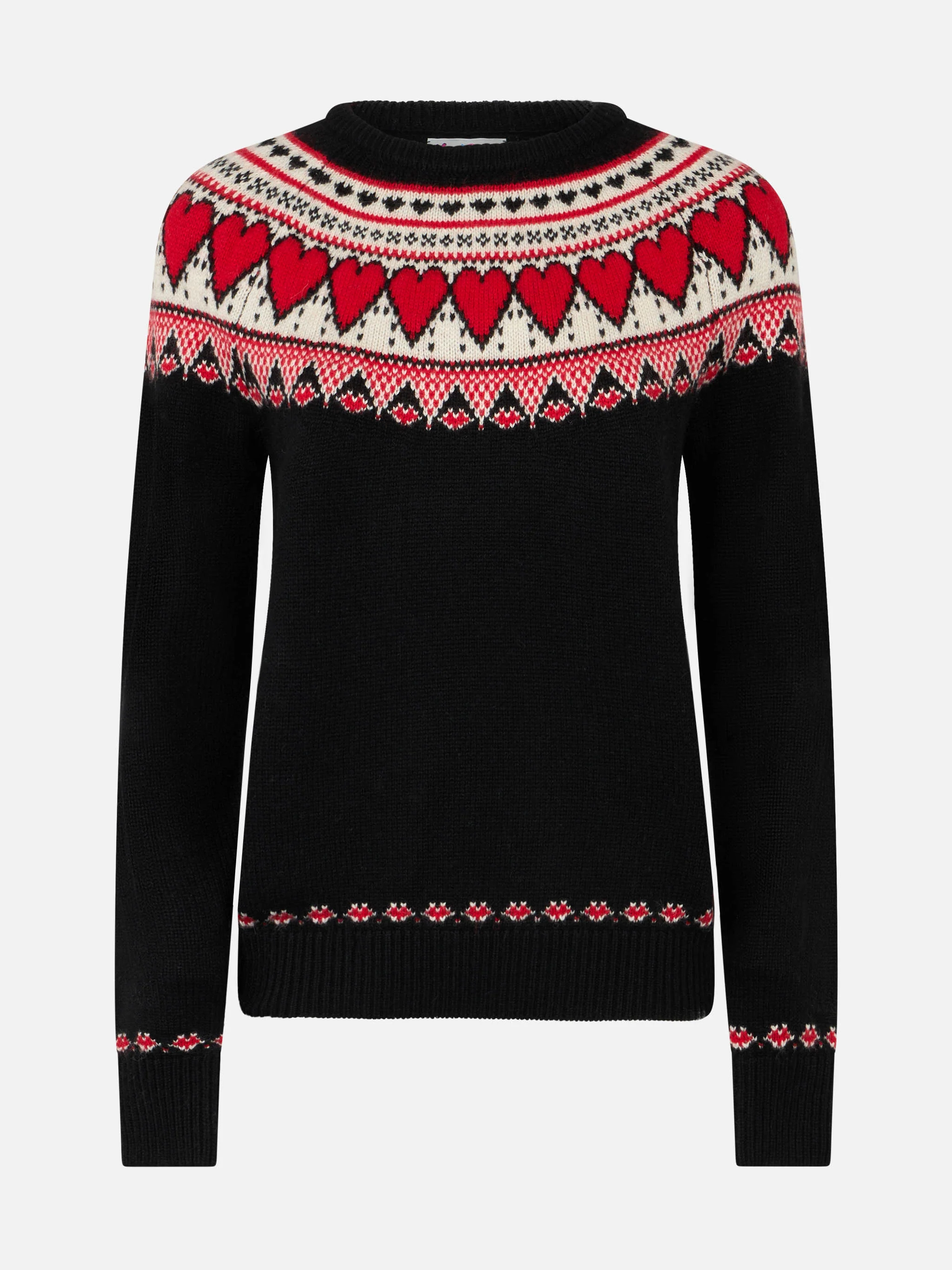 Neuer schwarzer Fair-Isle-Herzprint-Pullover von New Queen für Damen