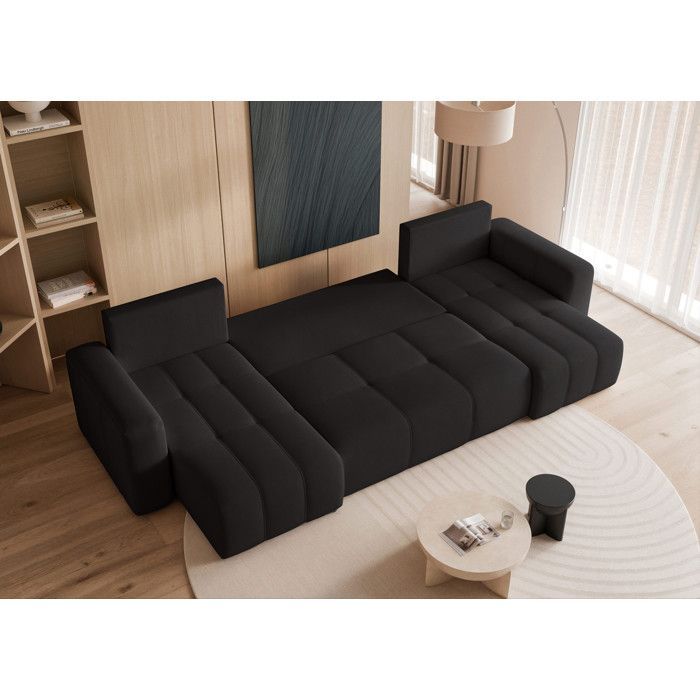 Sofá-cama de canto panorâmico de 7 lugares com arrumação, revestido em veludo antracite, da PEDRO IDOHOME.