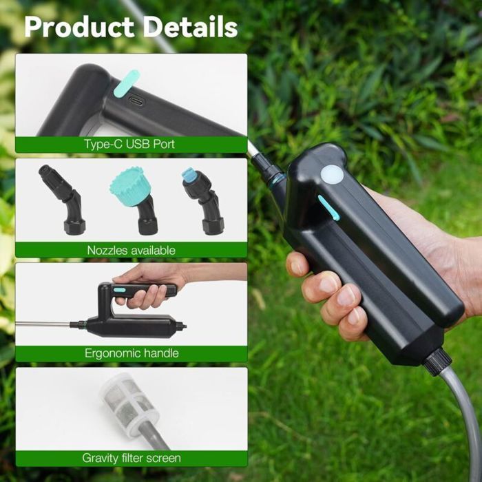 Pulverizador eléctrico para jardín con lanza telescópica, 3 boquillas y manguera de 8 m para riego.