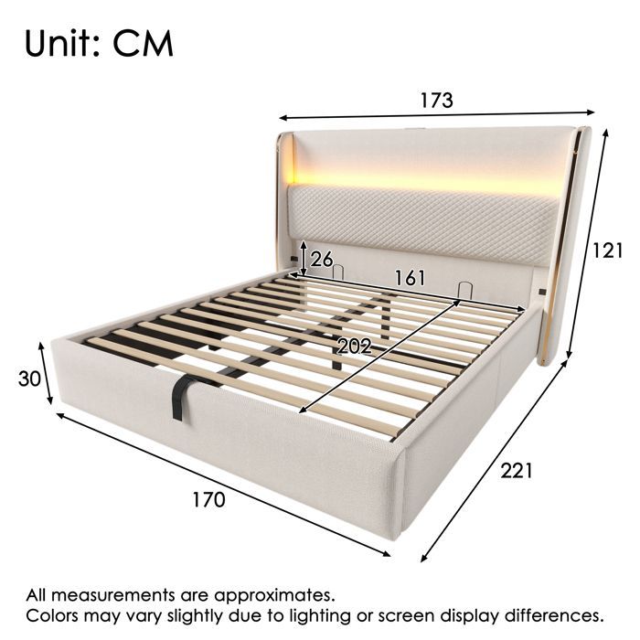 Letto matrimoniale imbottito 160 x 200 cm con illuminazione a LED. Letto contenitore con vani portaoggetti e porte USB e Type-C. Effetto lino, beige.