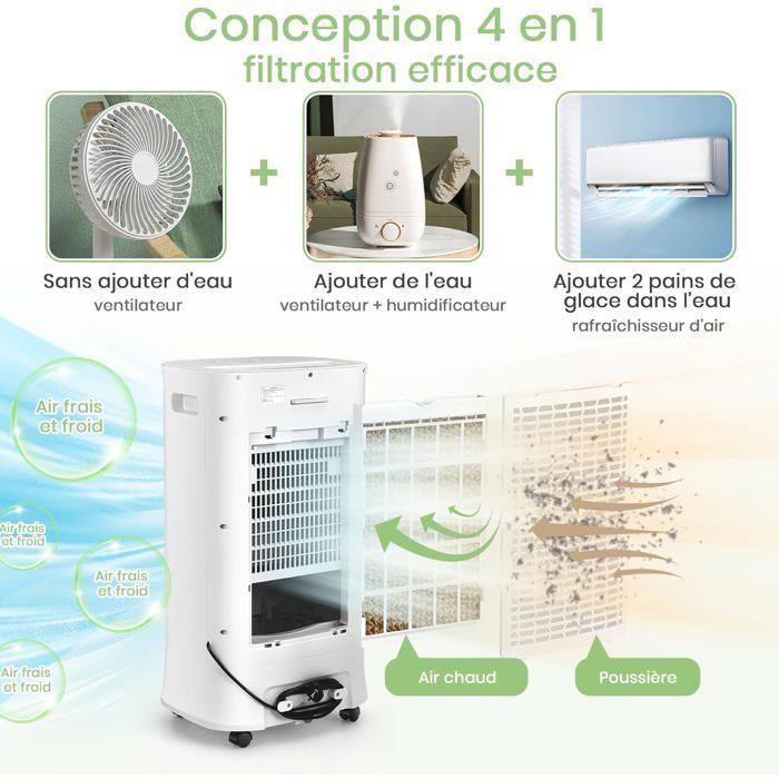 Aire acondicionado/ventilador/humidificador portátil 4 en 1 COSTWAY de 10 L y 55 W - Oscilación de 63° - Temporizador de 15 horas - 39 x 33 x 74 cm