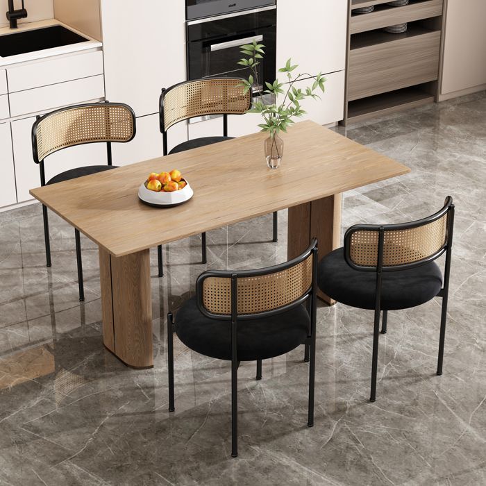 MODFU Juego de 4 sillas de comedor de terciopelo y ratán con patas de metal. Modernas y sencillas para el salón. Negras.