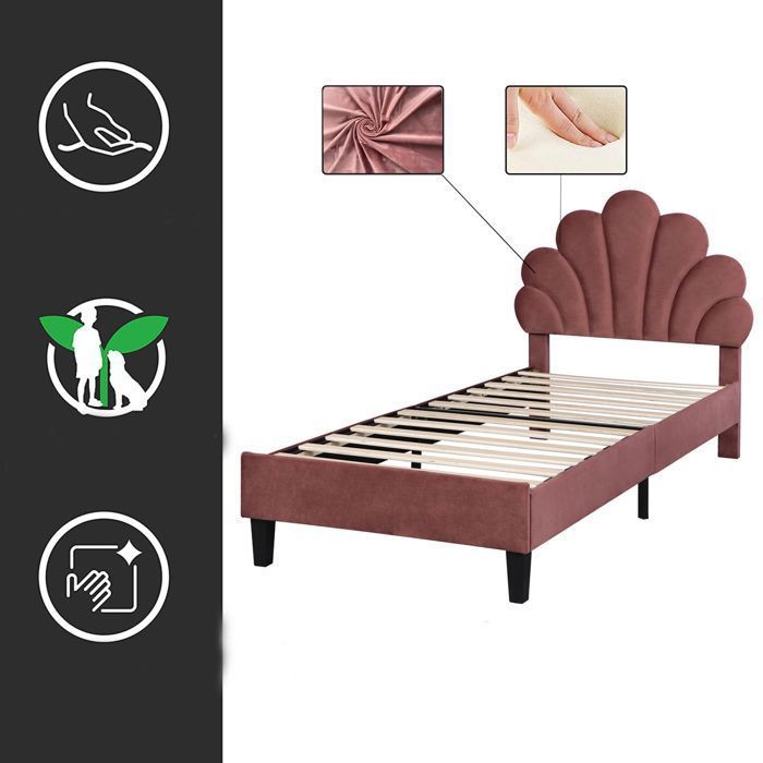 Cama infantil de 90x200 cm con somier de láminas, cama de niña con cabecero en forma de flor, estructura de madera, tela de terciopelo rojo.
