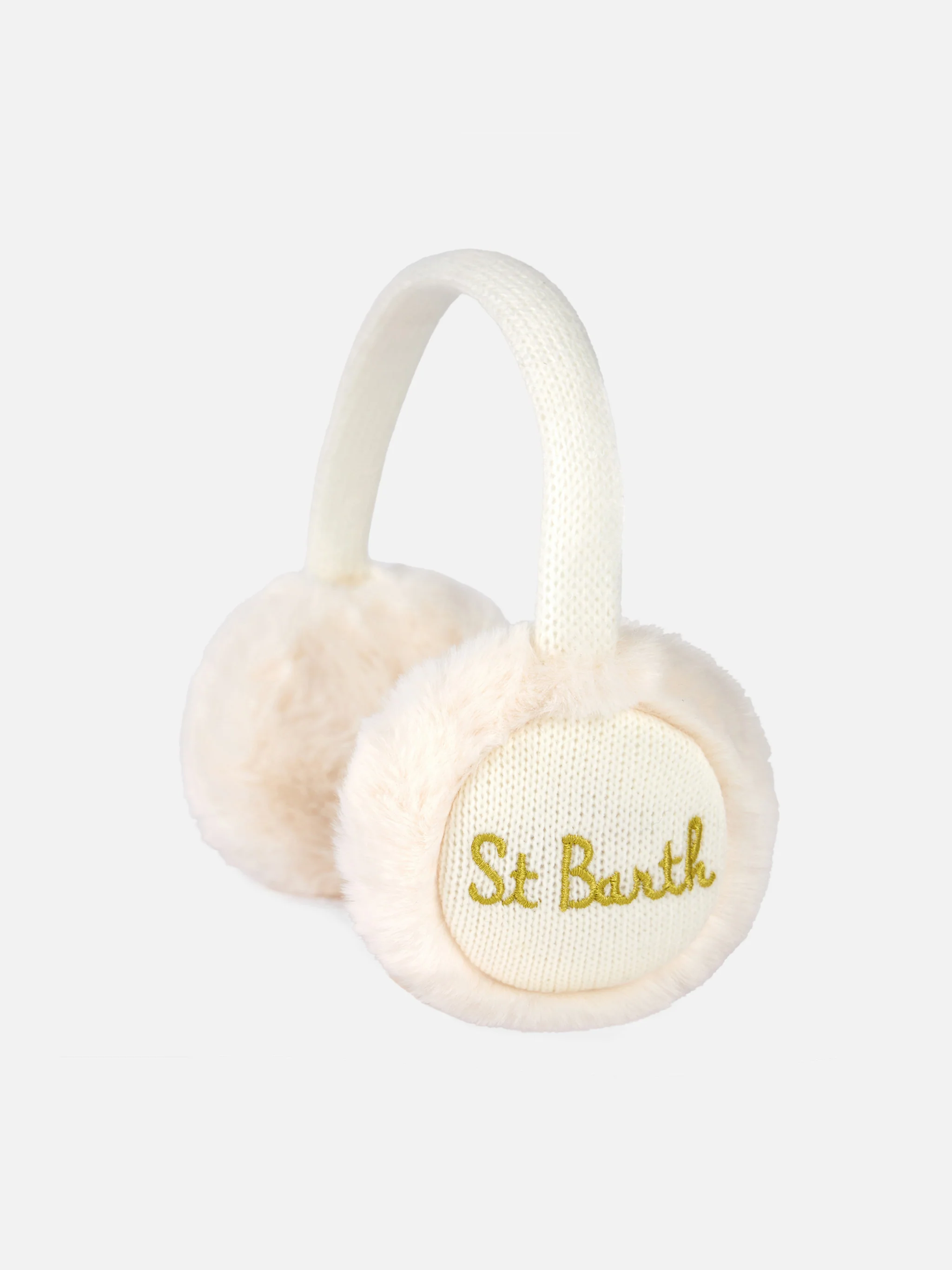 Witte tricot oorbeschermers voor dames met harige details.