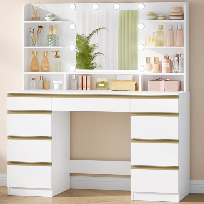 Ampia toeletta con illuminazione a LED, 10 sfere luminose a LED, 3 colori, luminosità regolabile, specchio, 9 cassetti, bianco-oro.
