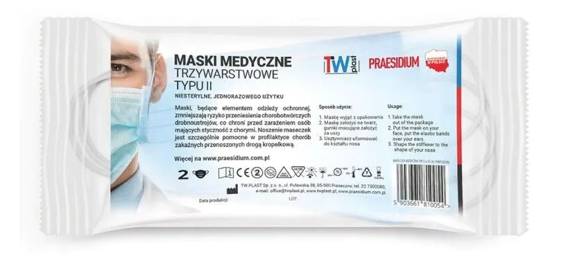 Praesidium, Maski medyczne 3-warstwowe typu II, Kolor niebieski
