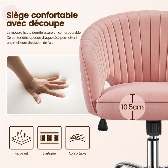 Silla de oficina de terciopelo - YAHEETECH - Respaldo capitoné - Asiento regulable en altura - Rosa