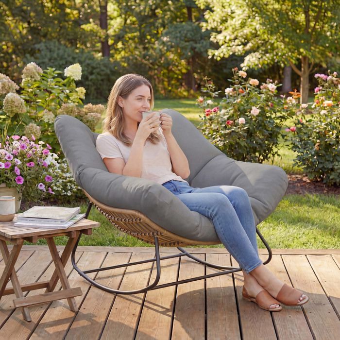 Sedia a dondolo Papasan - Outsunny - per interni ed esterni - con cuscino imbottito - rattan - grigio