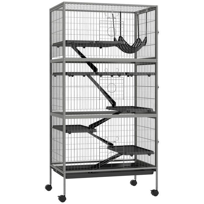 Gabbia multifunzionale per roditori - PawHut - 4 piattaforme - 3 rampe - 4 porte - acciaio - nera