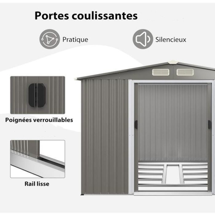Caseta de jardín metálica de 4,74 m² - RELAX4LIFE - 260x207x181 cm - Chapa de acero galvanizado - 8,59 m³ - Puerta corredera doble - Gris claro