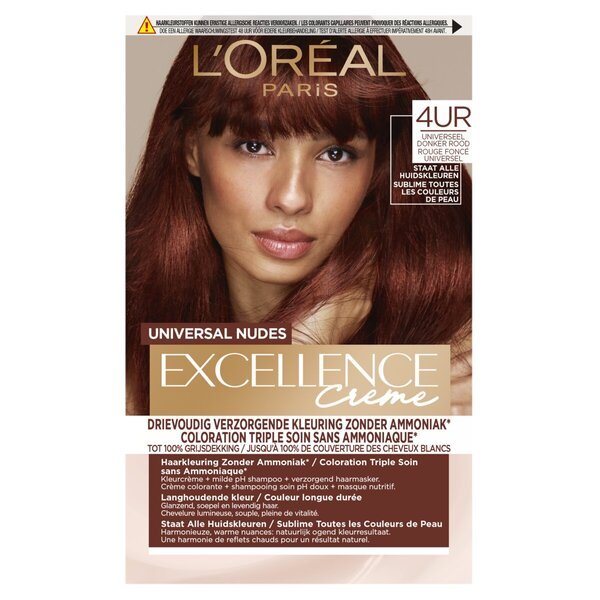 „L'Oréal Paris Excellence Creme Universal Nudes 4UR Universal“ plaukų dažai, tamsiai raudoni.