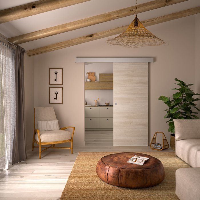 Puerta corredera - Roble claro - Alto 204 x Profundidad 3,8 x Ancho 93 cm - Sin perforaciones previas