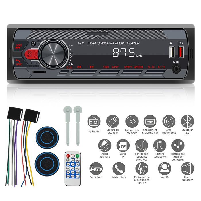 Radio para coche Bluetooth de 1 DIN, radio estéreo de 7 colores con asistente de voz + aplicación, radio para coche Bluetooth 5.0 / MP3/WMA/WAV/FLAC/APE
