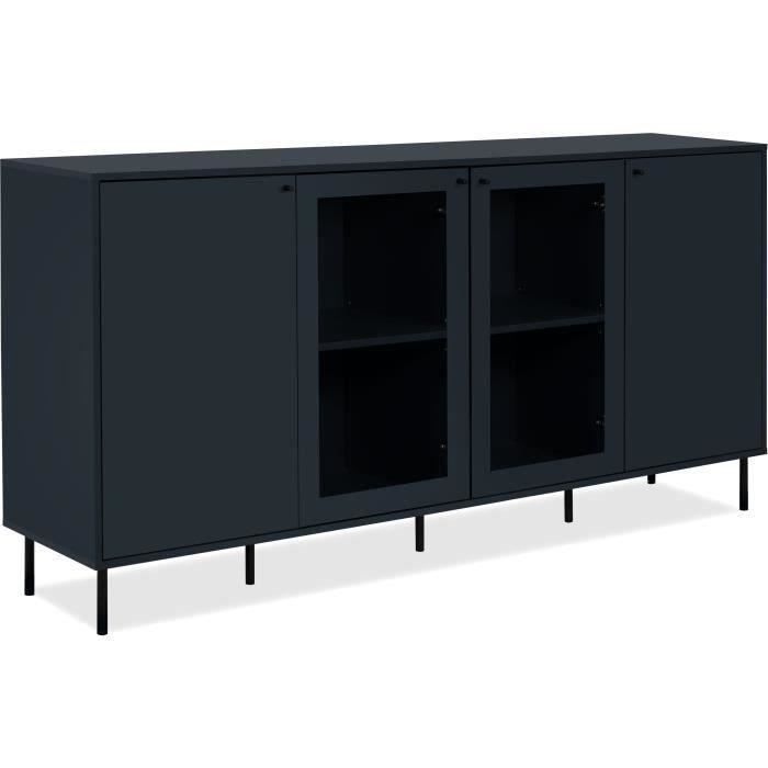 Matala senkki - CARACAS - tummansininen koristelu - 2 lasiovea + 2 ovea - L180 x K90 x S40 cm