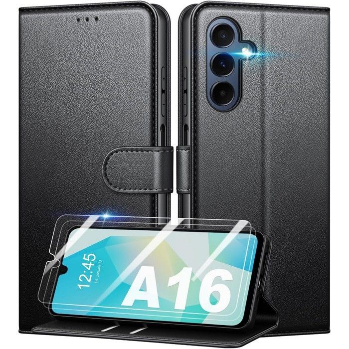 Wallet case - MASSILIA TECH - SAMSUNG GALAXY A16 - Matte black leather - 2 tempered glass screen protectors - Flexible