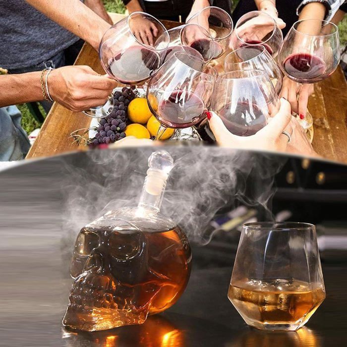 Decantador de whisky con forma de calavera de 1000 ml, botella de gran capacidad para vodka, brandy, vino y whisky.