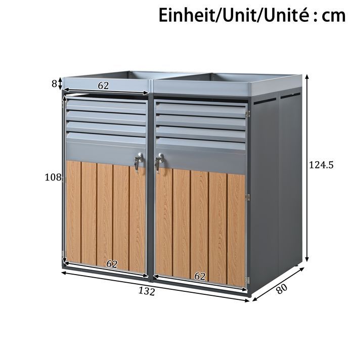HOMVRA Abri pour Poubelle, Cache-Poubelles 2 Compartiments avec Jardinière Intégrée et Portes Ventilées, Acier, Gris