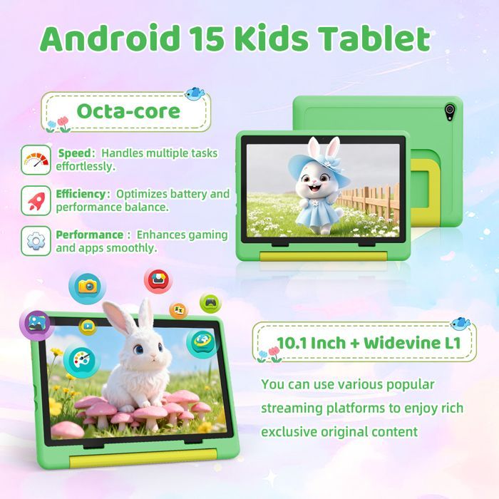 Tablette Enfant 10'' Android 15 pour les Enfants de 3 à 12 ans, Contrôle Parental, 20(3+17)Go+64Go de stockage (TF Expand 1TB), Vert