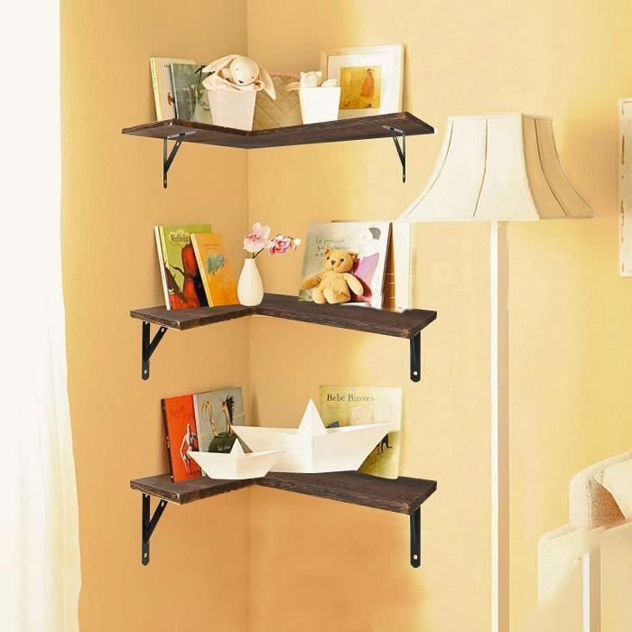 Estantes flotantes de esquina, estante de pared de madera con soportes metálicos para la decoración de la sala de estar, el dormitorio, la cocina y la oficina.