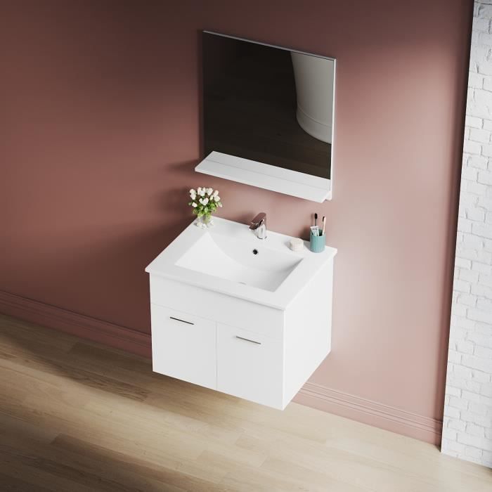 Badezimmermöbel-Set, 2-teilig – Unterschrank + Waschbecken + Spiegel, platzsparend – Weiß