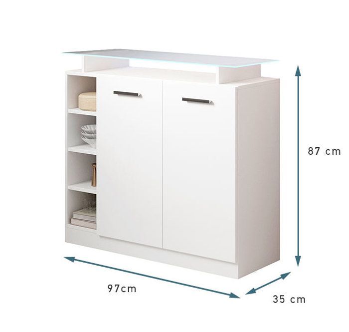 Entryway cabinet with 2 doors | Glossy white | Glass shelf and LED light | W 97 x D 35 x H 87 cm | Paola 2P model