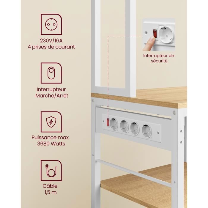 Kitchen trolley - VASAGLE - Kitchen shelf with power strip - 40 x 80 x 180.4 cm, Gold Oak and Cloud White