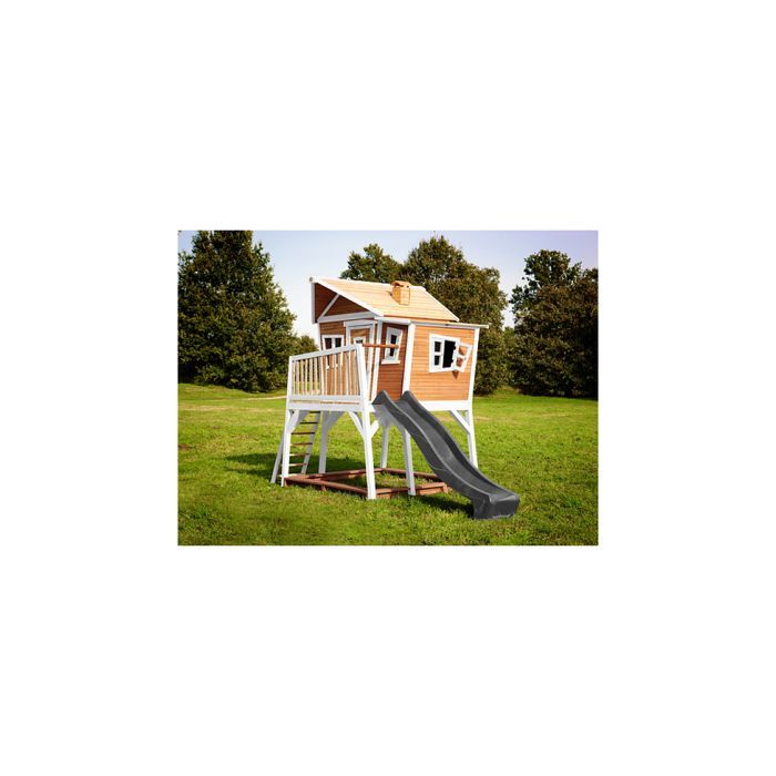 Casita de juegos infantil AXI Max con arenero y tobogán (gris) | Zona de juegos exterior en marrón y blanco