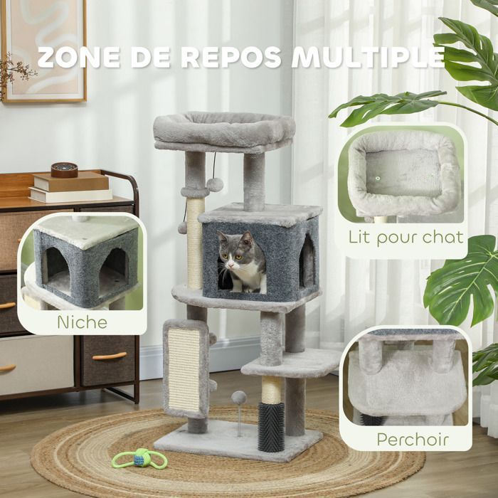 Arbre à chat - PawHut - hauteur 104 cm - avec tapis griffoir, lit maison pour chat, brosse de toilettage, plateformes - gris clair