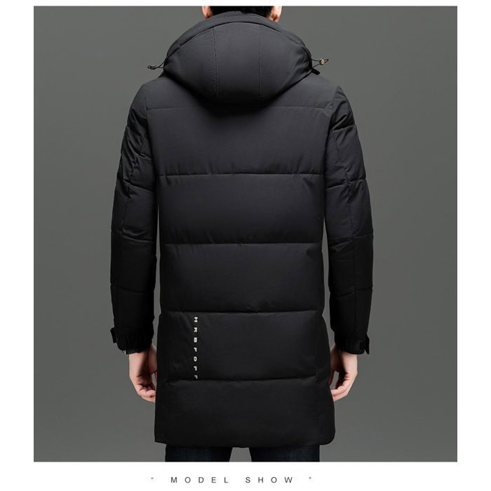 Men's Mid-Length Puffer Jacket - Black - Warm Autumn/Winter with Hood