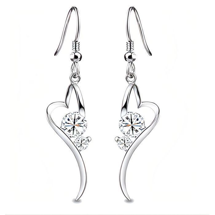 Boucles d'Oreilles - Femme - Pendantes - Coeur - Cristal - Blanc - Argent 925/1000 - 35 x 10 mm