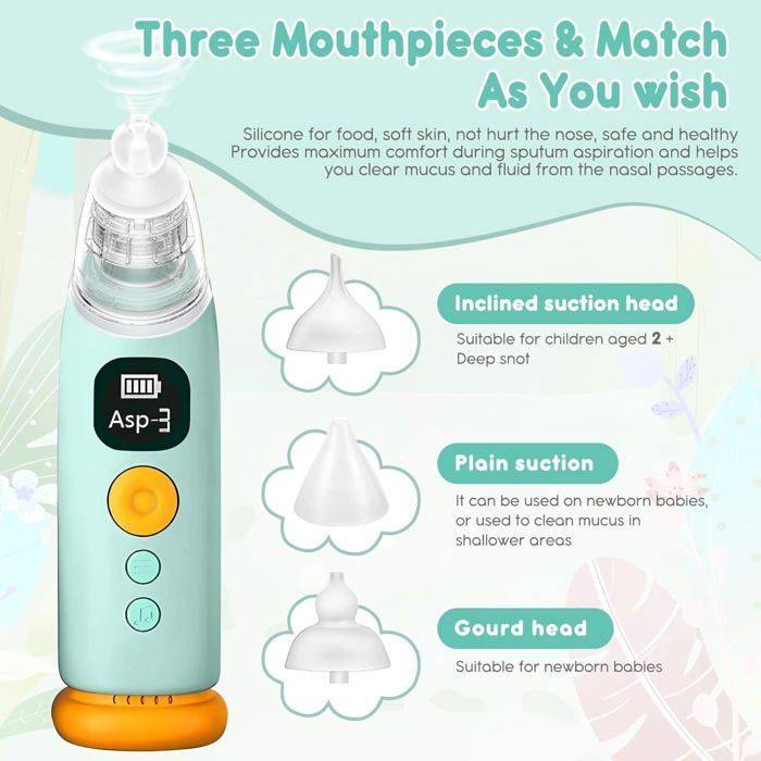 Aspirador nasal eléctrico para bebés - Recargable, automático, 3 velocidades - Música y luz