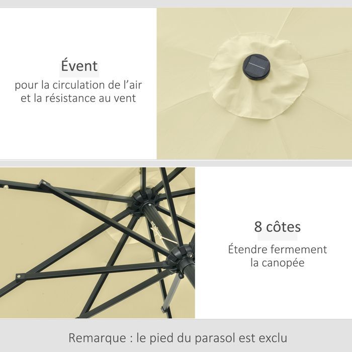 Parasol de jardin extérieur - Outsunny - rond, lumières led solaires, manivelle inclinable, 8 baleines - Ø 265 x 233 cm - beige